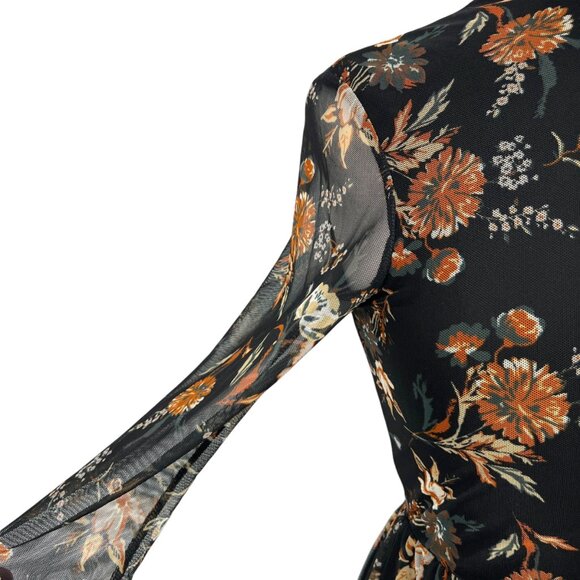 Altar'd State Floral High Neck Mesh Tiered Mini Dress Black Rust Size Medium - Picture 3 of 10